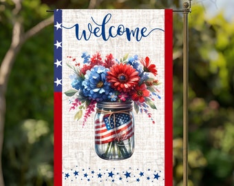 4th of July Garden Flag: Mason Jar Floral Welcome (Digital Download)