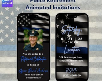 Animated Police Retirement Invitation Template: Thin Blue Line Evite (Digital Download)