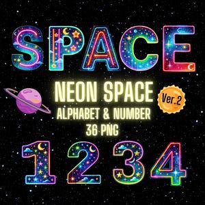Neon Weltraum Alphabet, leuchtende Galaxie PNG, Weltraum Buchstaben, Aquarell Alphabet PNG, Neon Stern Schrift, Neon Zahl, Alphabet Clipart