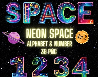 Neon Space Alphabet PNG: Galaxy Font Clipart (Digital Download)