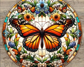 Monarch Butterfly Faux Stained Glass Round Ornament (Digital Download)