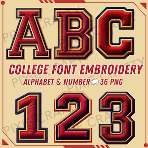 Varsity Stickbuchstaben, Stickmuster für College Schrift, Stickmuster PNG, Sport Schrift Stickmuster, Alphabet und Zahlen PNG