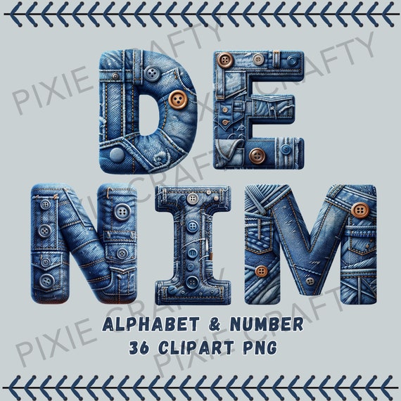 Denim Jeans Alphabet Clipart: PNG Letters, Numbers (Digital Download)