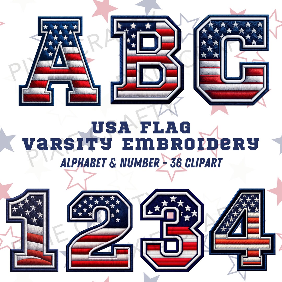 US Flag Varsity Embroidery Letters: College Font Clipart (PNG Digital ...
