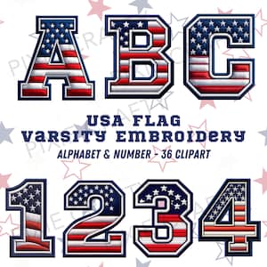 Varsity-borduurletters, Amerikaanse vlag borduurwerk clipart, College lettertype borduurontwerp, alfabet png, borduurstijl png, vlag alfabet