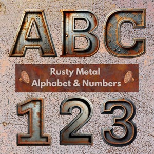 Alfabeto e numeri in metallo arrugginito, lettera arrugginita PNG, alfabeto in metallo rustico PNG, carattere Steampunk PNG, alfabeto metallico arrugginito, arte tipografica
