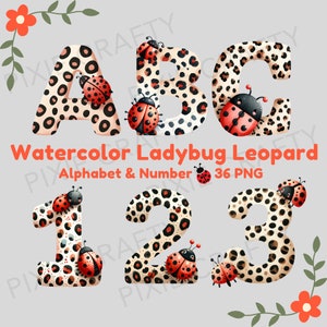 Alfabeto coccinella leopardo, alfabeto coccinella, clipart leopardo, lettera coccinella, PNG stampabile, arredamento della camera, arte della parete ad acquerello, sublimazione