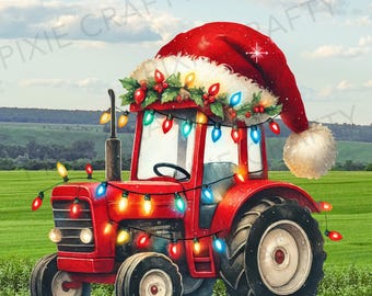 Christmas Farm Tractor PNG: Santa Hat, Christmas Lights (Digital Download)