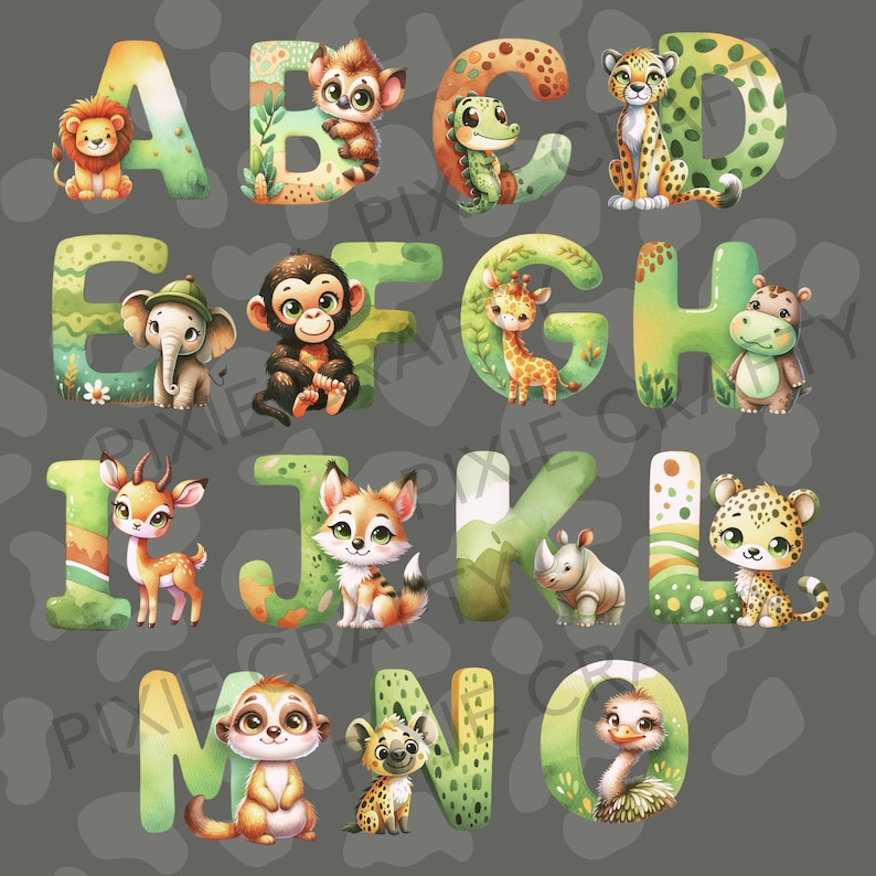 Watercolor Safari Animal Alphabet Clipart: Jungle Font (digital ...