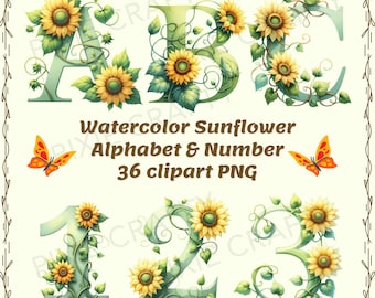 May include: Watercolor sunflower alphabet and number clipart set.  The letters A, B, and C are decorated with sunflowers and vines. The numbers 1, 2, and 3 are also decorated with sunflowers and vines.