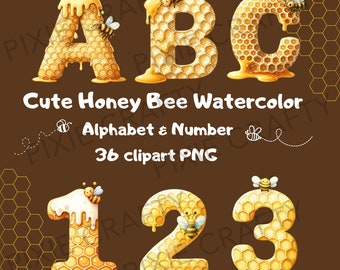 Honey Bee Watercolor Alphabet & Number Clipart (Digital Download)