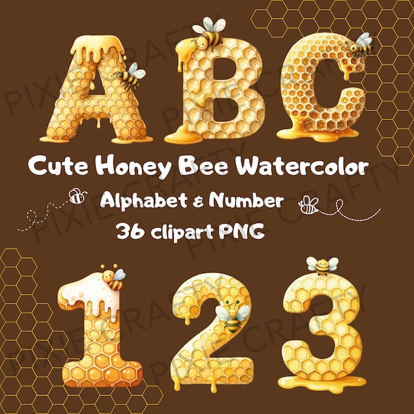 Honey Bee watercolor Alphabet and number, honeycomb Letter clipart, Sublimation design, room décor, watercolor wall art, Printable PNG