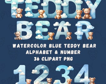 Watercolor Teddy Bear Alphabet Clipart: Blue Nursery Font (PNG Digital Download)
