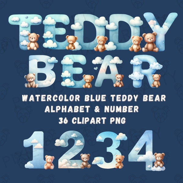 Blue Teddy Bear Alphabet, Watercolor Teddy Bear Clipart , Sublimation Letter, cute bear PNG, baby shower, nursery décor, Cute Blue font