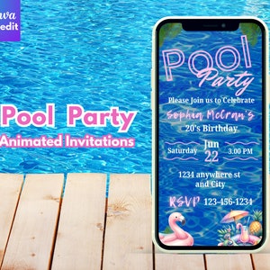 Animated Pool Party Invitation, Pool Party Birthday Invite Video, Tropical Summer Invite,  Digital Birthday Invite, Editable Canva Template
