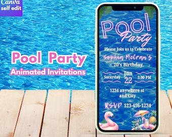 Animated Pool Party Birthday Invite: Tropical Canva Template (Digital)