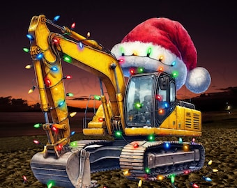 以下が含まれることがあります： 赤いサンタの帽子をかぶった黄色いショベルカー。カラフルなクリスマスライトがショベルカーの周りに巻き付けられています。ショベルカーは砂浜にあり、背景には夕焼けがあります。