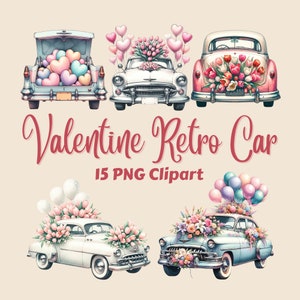 Valentijnsdag aquarel clipart, retro auto aquarel met bloemen en luchtballonnen, vintage auto clipart, bloemen bruiloft auto clipart