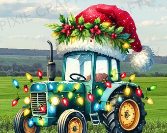 Christmas Tractor PNG: Santa Hat, Lights, Farm Vehicle (Digital Download)