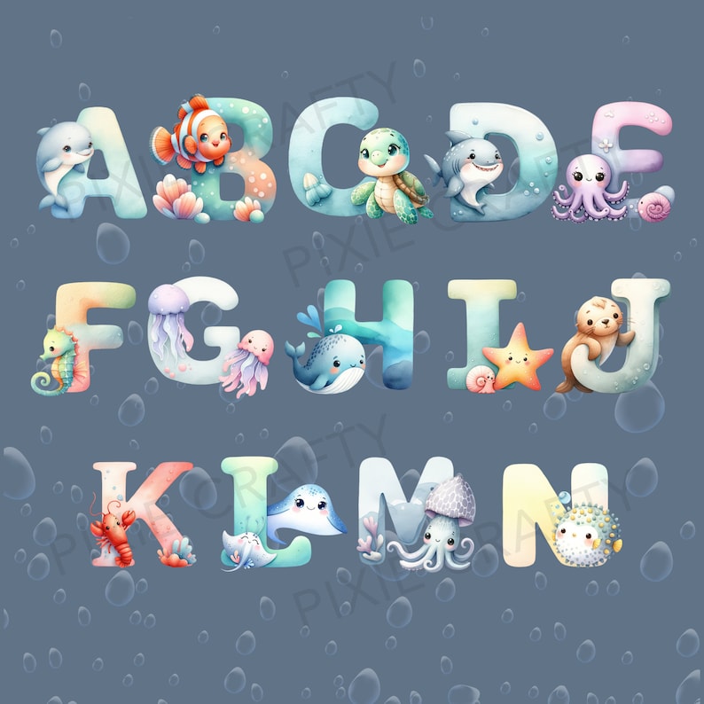 Watercolor nursery Clipart , Watercolor undersea PNG, Alphabet Watercolor ,Alphabet Clipart PNG, , Baby Room Clipart, Underwater World, baby shower, ocean animal, Nursery Decor, Kids Room Decor, cute ocean animals, Under the Sea, Baby Wall Art,