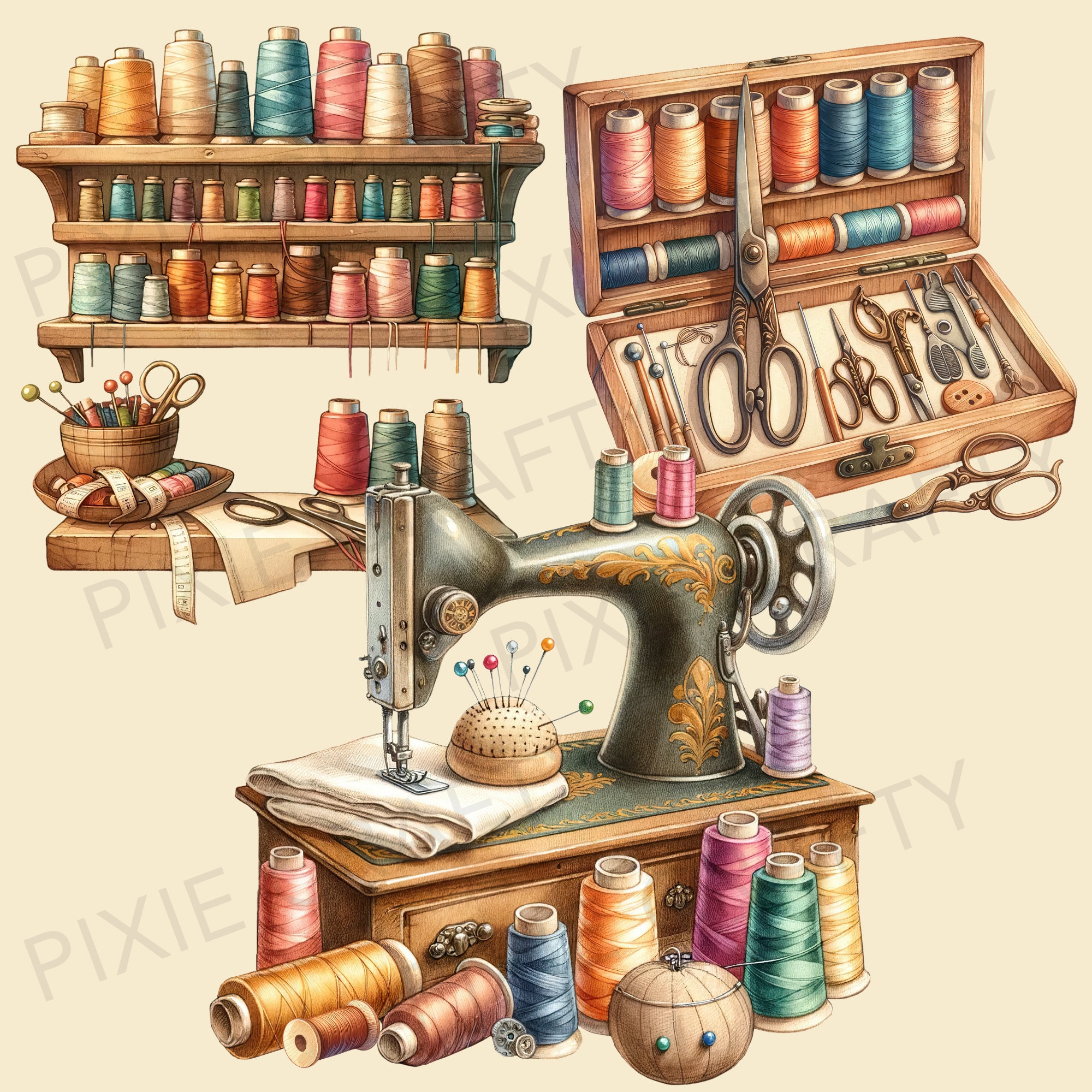 Watercolor Sewing Clipart, Floral Sewing Machine, Vintage Clipart ...