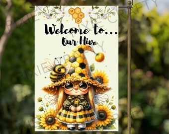Sunflower Bee Gnome Garden Flag: Welcome To Our Hive (Digital Download)