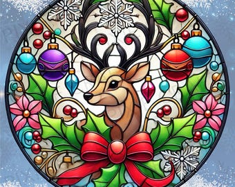 Christmas Reindeer Faux Stained Glass Round: Wreath Sign (Digital Download)