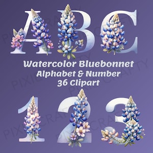 Alfabeto de acuarela Texas Bluebonnet, alfabeto floral, letra de flores silvestres, alfabeto de primavera, diseño de sublimación, decoración de guardería, arte de pared para niños