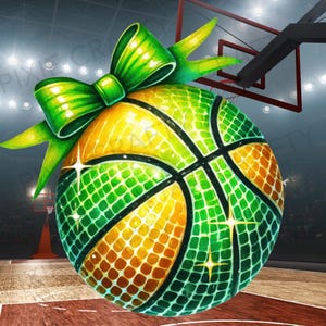 May include: A green and gold basketball with a green bow on top. The basketball is decorated with a mosaic pattern.