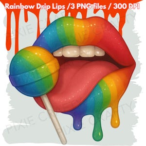Rainbow Lips PNG, Rainbow Lips and Lollipop, Dripping Lips PNG, Dripping Rainbow Lips, kiss lips dtf design, Colorful Lips, Colors Oozing