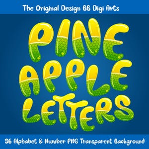 Pineapple letters, 36 PNG letters, PNG alphabet, Tropical fruit letters, Digital download, Transparent background A4 300 dpi