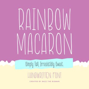 Könnte beinhalten: Ein Grafikdesign mit den Worten "RAINBOW MACARON" in einer hohen, handgeschriebenen Schriftart auf einem lila Hintergrund. Der Text "Simply Tall, Irresistibly Sweet" wird auf einem hellblauen Banner angezeigt. Der untere Teil ist hellgelb.