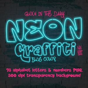 Neon Graffiti blue color alphabet letters, PNG file 300 dpi