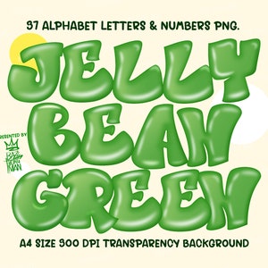 Jelly Bean Alphabet Green colors, 37 individual letters transparent background PNG file, A4 size 300 dpi A-Z & Number