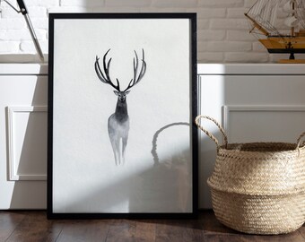 Black and White Stag Deer Watercolor Print: Minimalist Home Decor