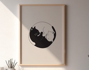 Yin and Yang Cats | Cat Print, Cat Wall Art | Cat Illustration | Cat Poster | Minimalist Wall Art | Black and With Cats