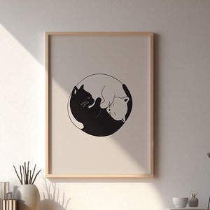 Gatos Yin y Yang / Impresión de gato, Arte mural de gato / Ilustración de gato / Póster de gato / Arte mural minimalista / Negro y con gatos