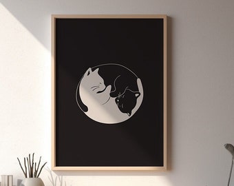 Estampa Yin Yang de Gatos: Ilustração minimalista de gato em preto e branco
