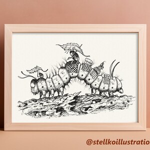 Die Raupe und der Marienkäfer. Märchenhafte Insekten Illustration. Fantasy Kunst. Kinderzimmer Art. Digitaler Download. Ausmalbild