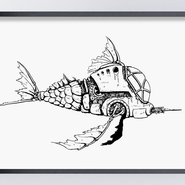 Das mechanische Fisch Fahrzeug.  Steampunk Fantasy Zeichnung. . Digitaler Download. Png.  cute Illustration. Wall Art, Ausmalbild