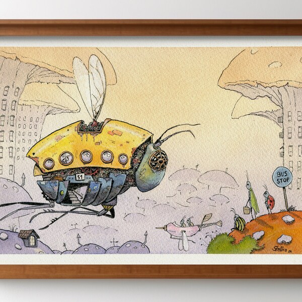 Der fliegende Käfer Bus.  Steampunk Fantasy Sketch. Ausmalbild. Digitaler Download. cute Illustration. Mysteriöses Fahrzeug.