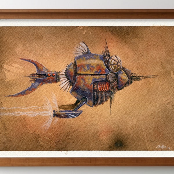 Der fliegende Metall Fisch.  Steampunk Fantasy Aquarell Kunst. Digitaler Download. cute Illustration. Mysteriöses Fahrzeug.