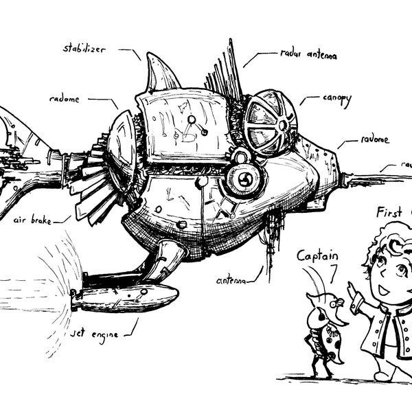 Der fliegende Metall Fisch.  Steampunk Fantasy Sketch. Ausmalbild. Digitaler Download. cute Illustration. Mysteriöses Fahrzeug.