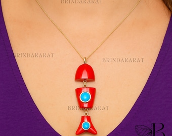 14K Gold Fish Pendant, Red Gemstone Carving, Handmade Charm