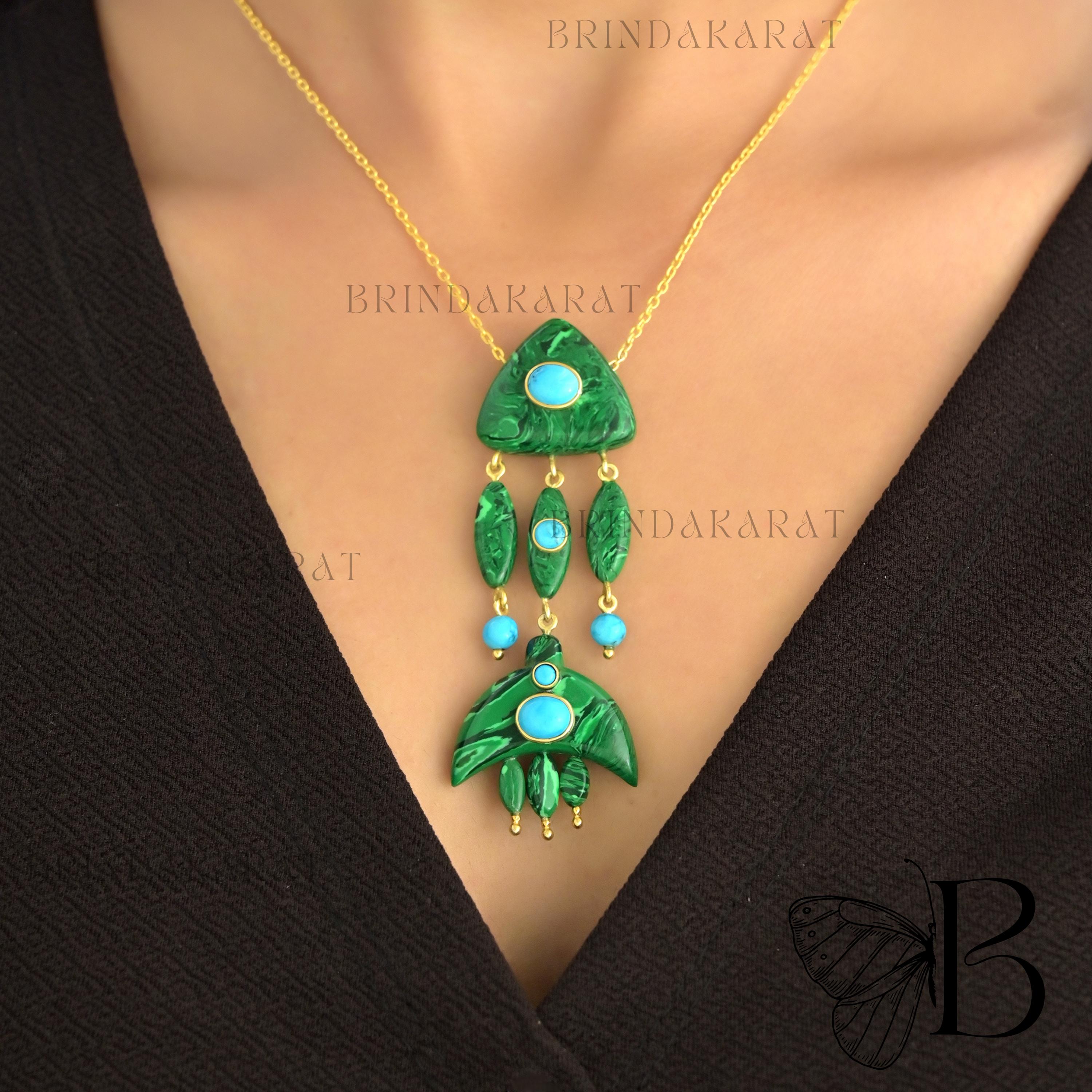 14k Gold Turquoise Fish Necklace: Hand Carved Gemstone Pendant - View 2 - Brinda Karat | SKU: BKMJN1865-SLYGMKTQ-18I 14k Gold Turquoise Fish Necklace: Hand Carved Gemstone Pendant - View 2 - Brinda Karat | SKU: BKMJN1865-SLYGMKTQ-18I