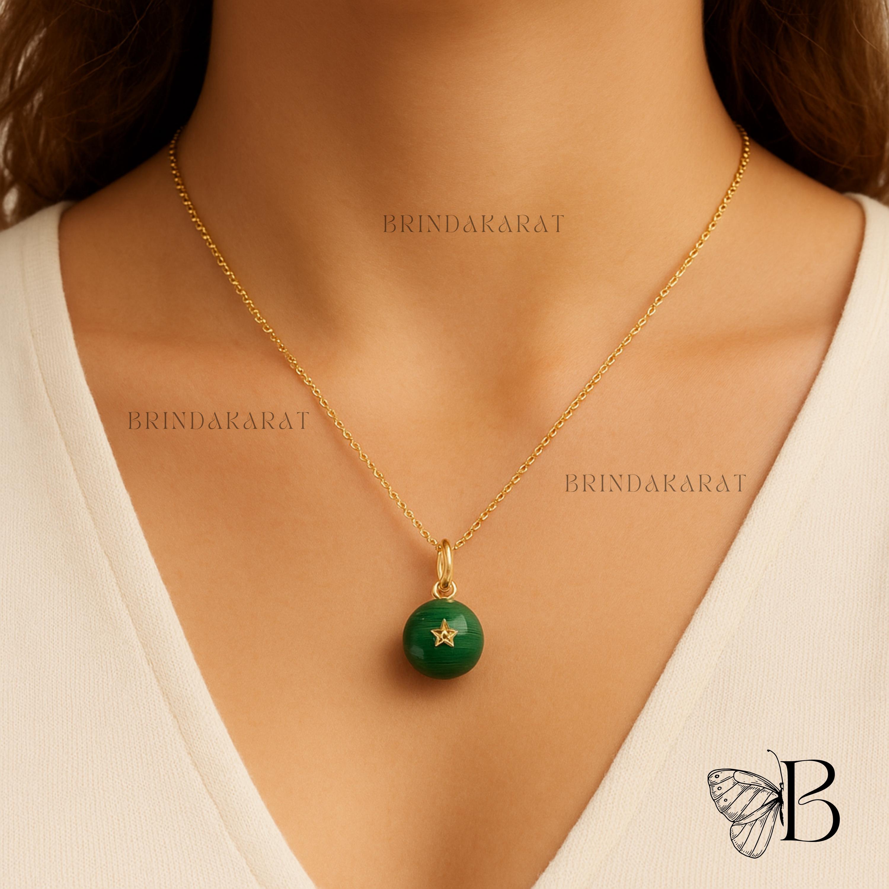 14k Gold Malachite Ball Pendant: Handmade Gemstone Necklace - Brinda Karat | SKU: BKMJP4847-SLYGMK-25M 14k Gold Malachite Ball Pendant: Handmade Gemstone Necklace - Brinda Karat | SKU: BKMJP4847-SLYGMK-25M