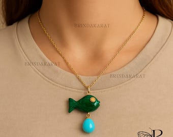 Carved Gemstone Fish Pendant: 14k Gold Accent, Handmade