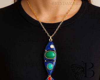 14k Gold Lapis Lazuli Fish Pendant, Gemstone Handmade Jewelry