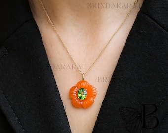 14k Gold Coral Flower Pendant, Carved Gemstone Jewelry