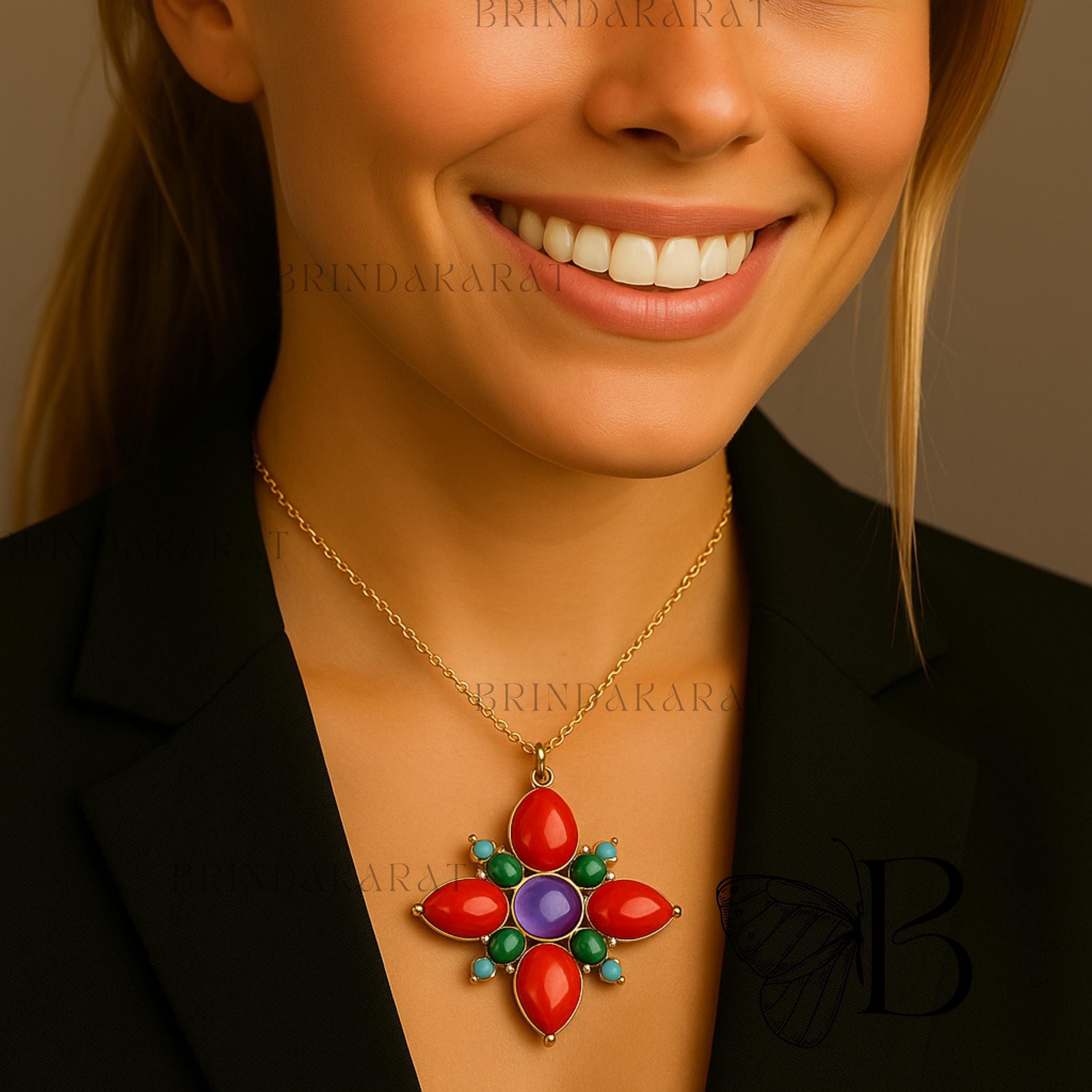 925 Silver Red Coral Flower Pendant, 14k Gold Designer Gemstone Jewelry - View 2 - Brinda Karat | SKU: BKMJP5468-SLYGEWAMMKTQ 925 Silver Red Coral Flower Pendant, 14k Gold Designer Gemstone Jewelry - View 2 - Brinda Karat | SKU: BKMJP5468-SLYGEWAMMKTQ